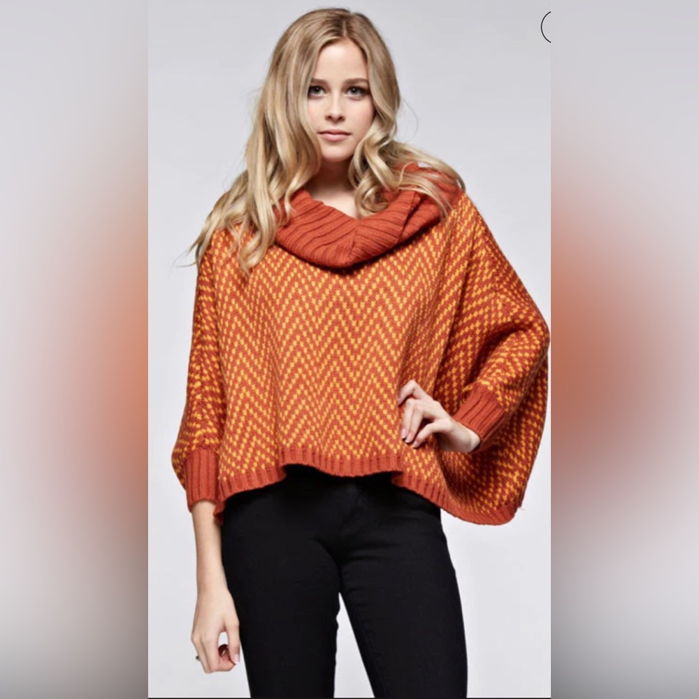 S/M Blush Poncho Turtleneck cowl neck Sweater orange and yellow